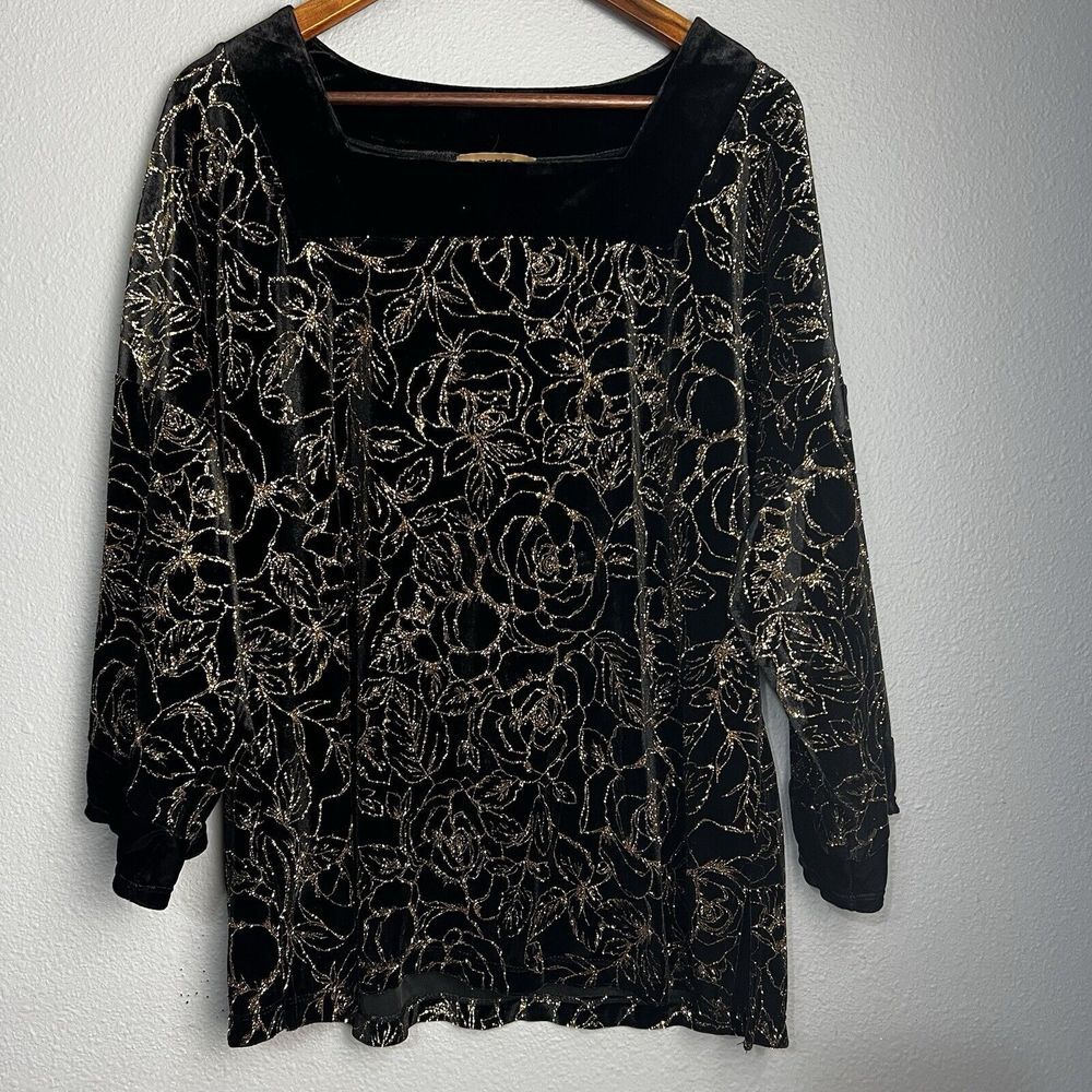 Notation Black Velvet Velour Golden Glitter Abstract Blouse Size‎ XL Artsy Event